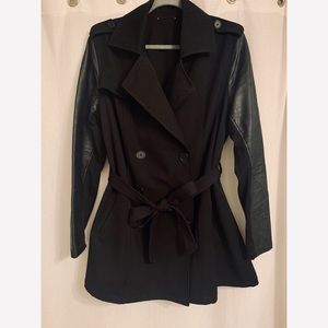 Black Modern Peacoat w/ Leather Arms